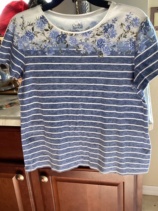 croft & barrow Tops - Croft & Barrow Blue and White Striped Tee with Floral Yoke